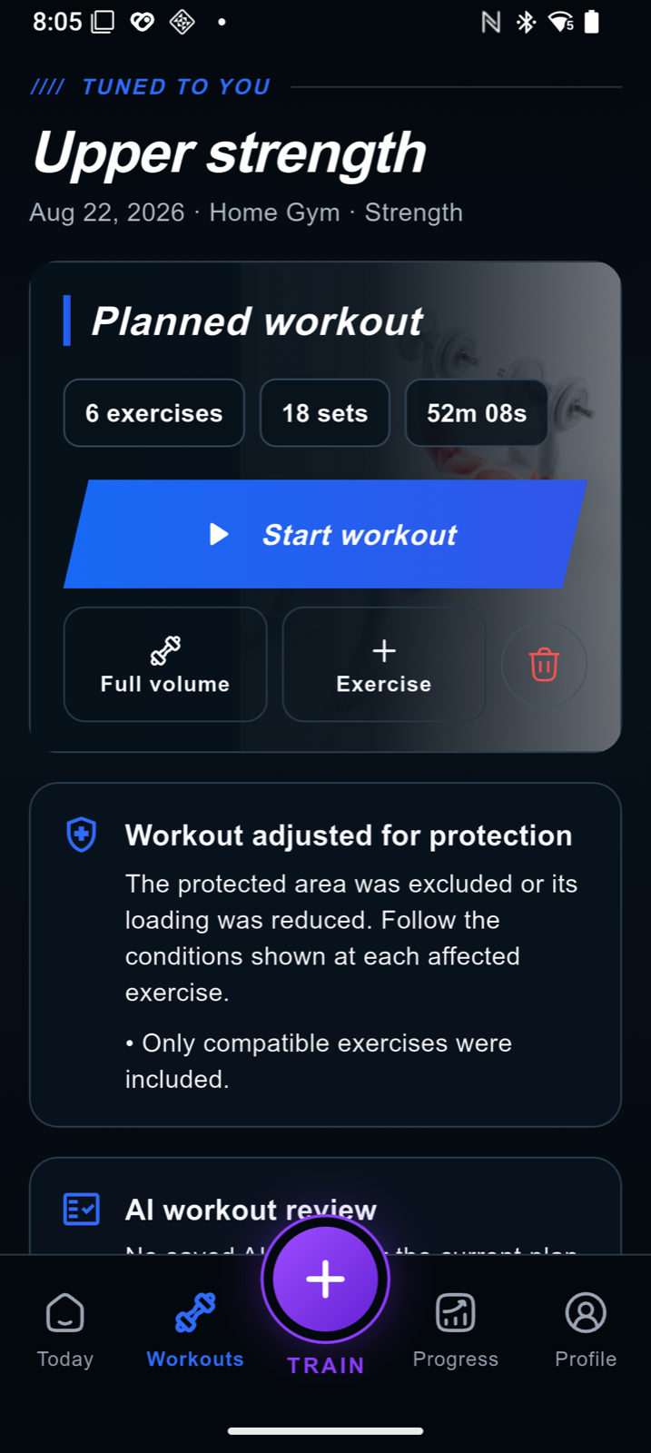 AnyGear injury-aware workout plan on phone